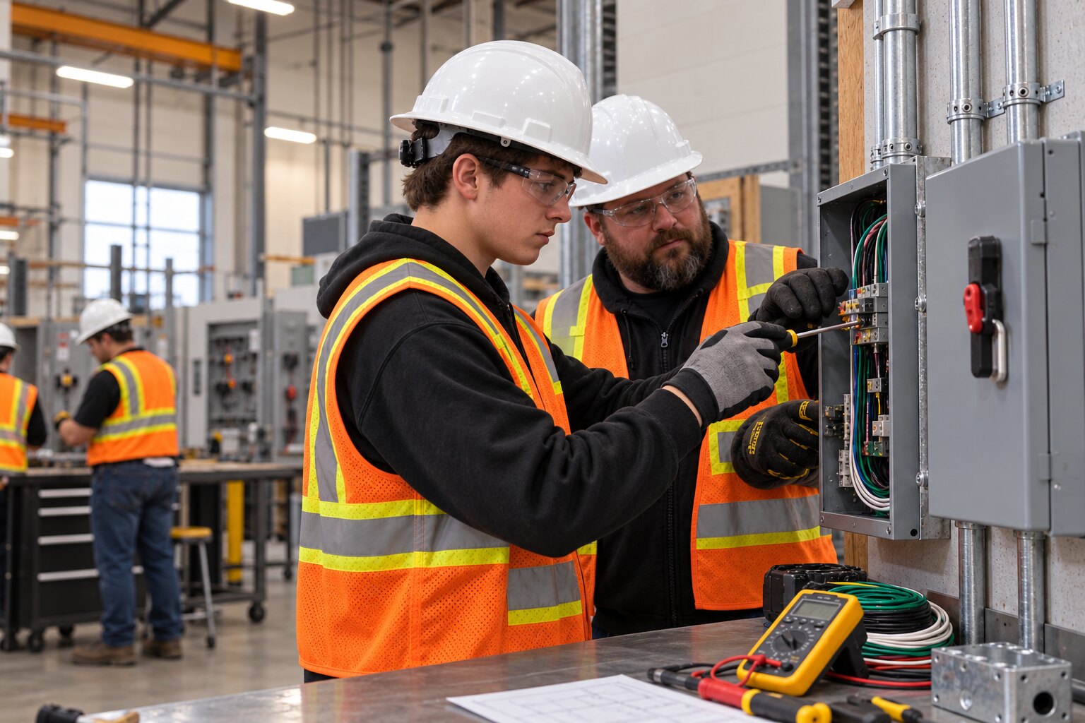Instructor guiding a student through industrial electrical work
